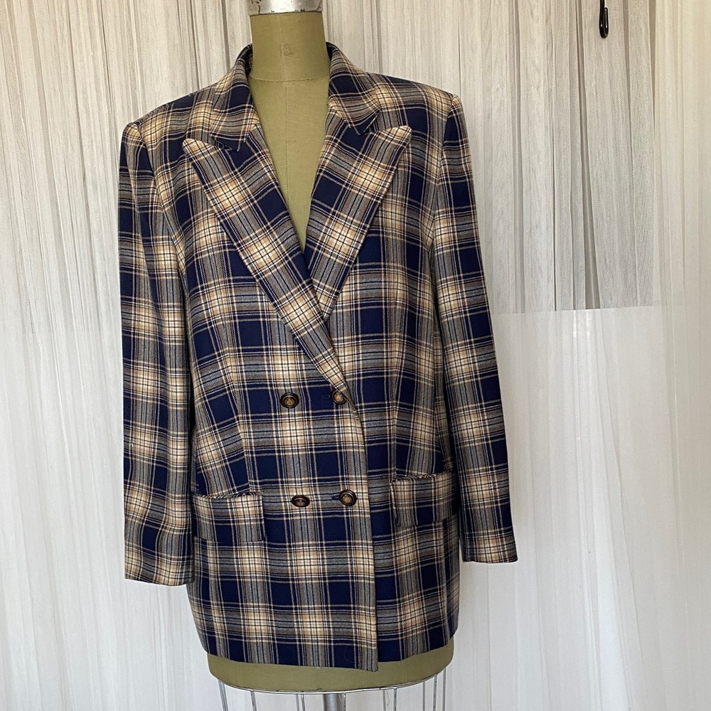 Lucia Women’s Made in Germany 🇩🇪 Double-Breasted Navy & Cream Plaid Blazer Sz 12